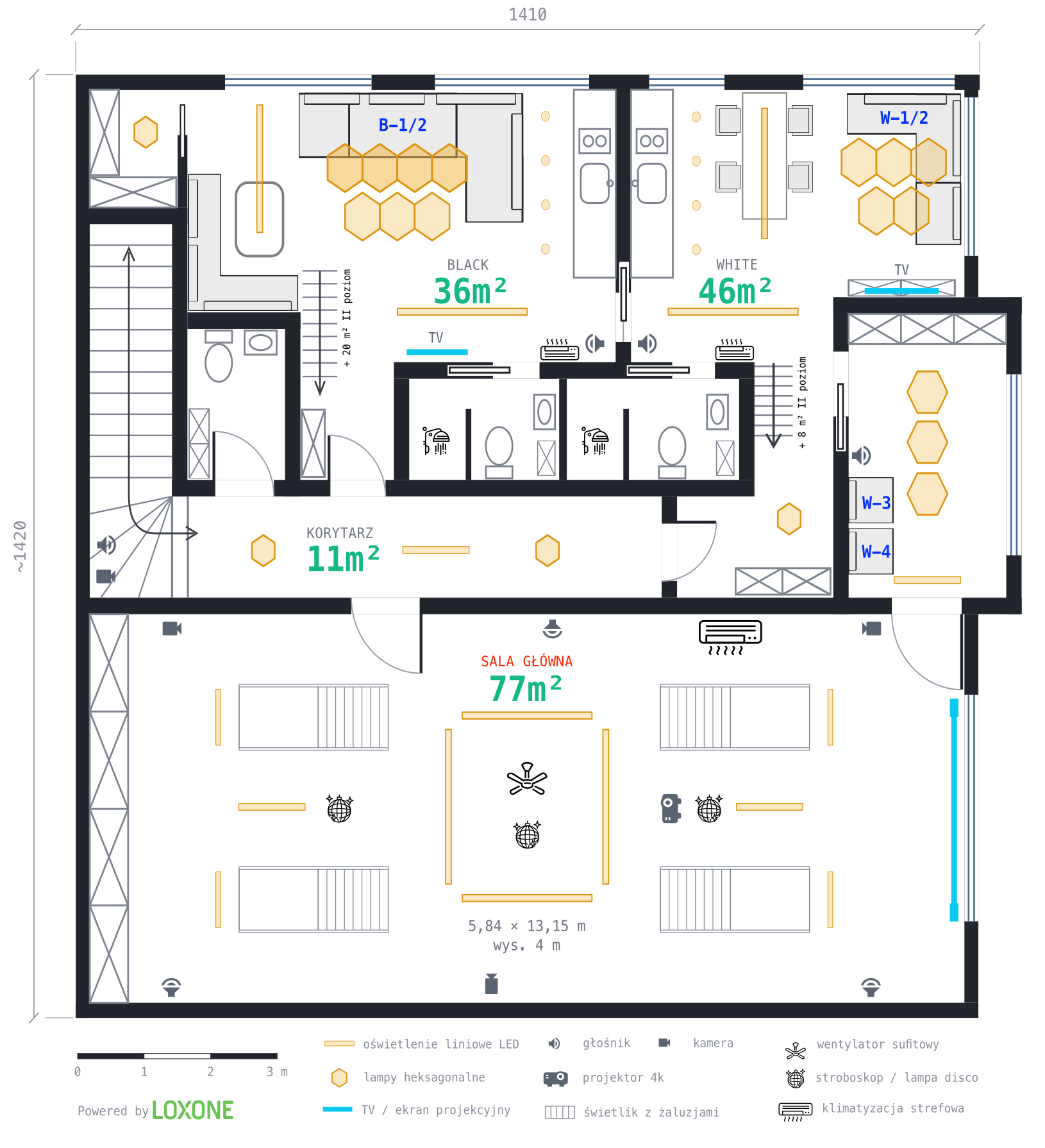 Larp Space full floor plan — White and Black apartments, corridor and 77 m² main hall