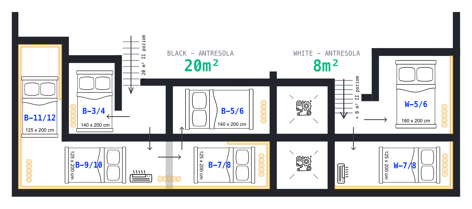Larp Space mezzanine plan — Black 20 m² and White 8 m²