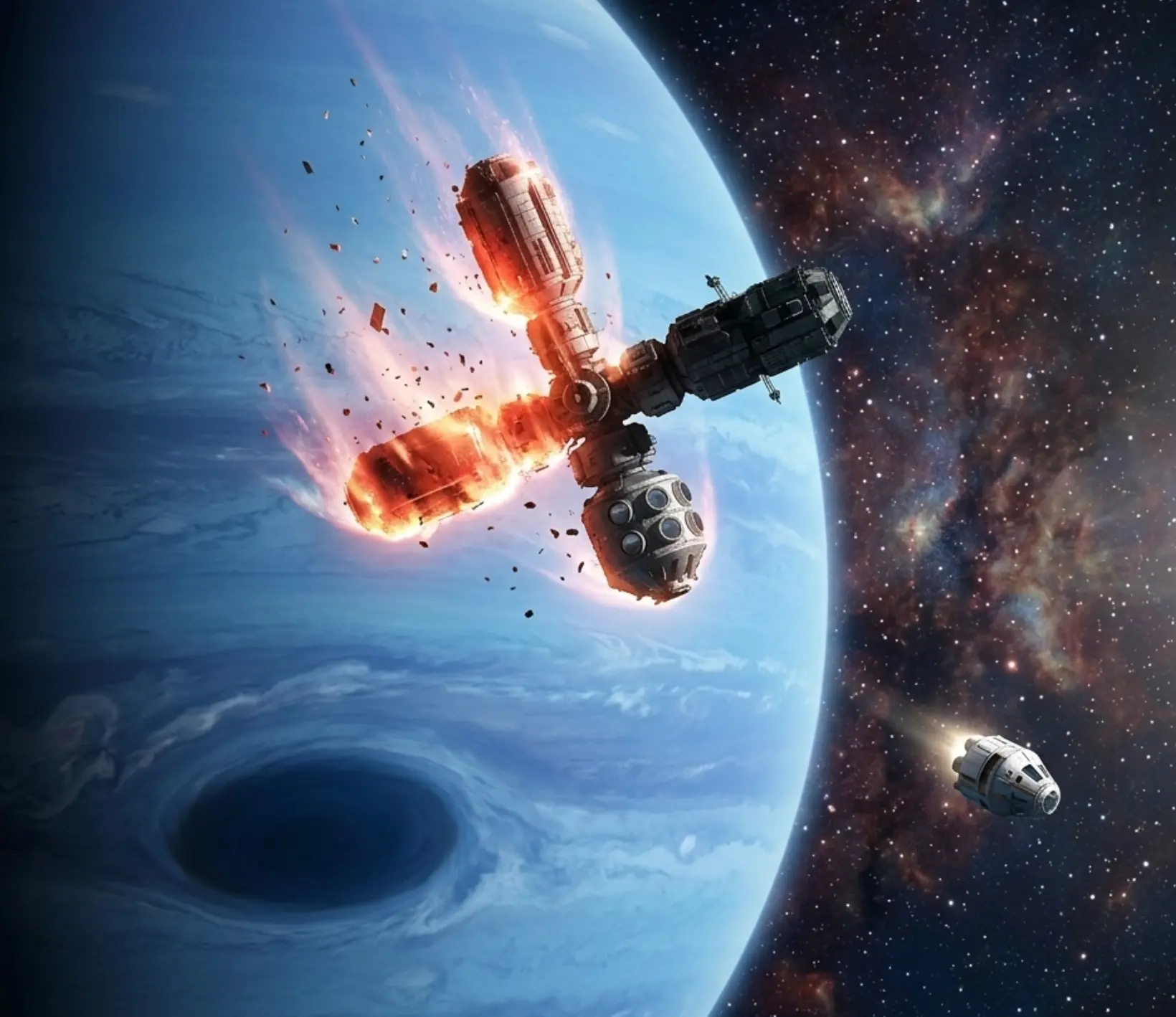 Stacja HELIOTROP płonie w atmosferze Neptuna, w oddali szalupa ratunkowa